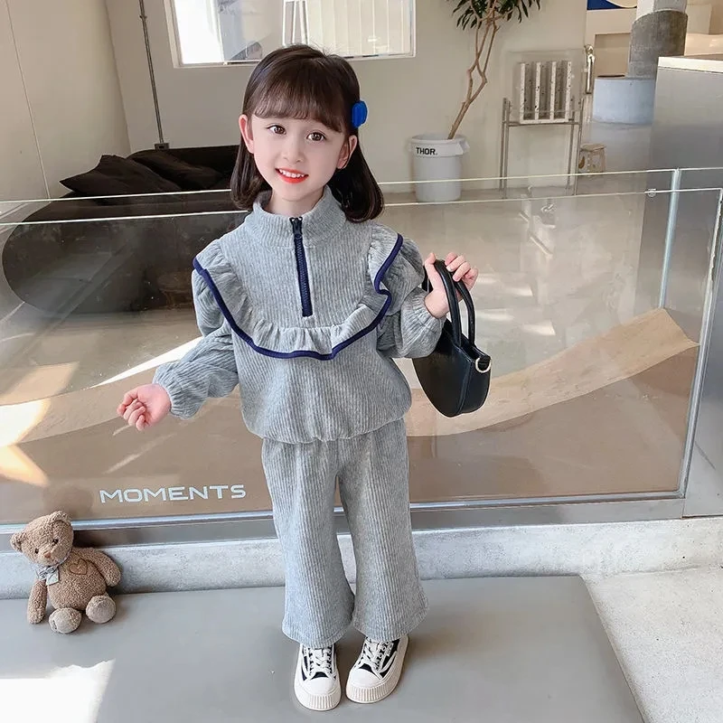 Girls Corduroy Lotus Leaf Conjuntos Half Zipper Stand Collar Children Tops Baggy Straight Pants Outfit Sweet Kids 2 Piece Sets