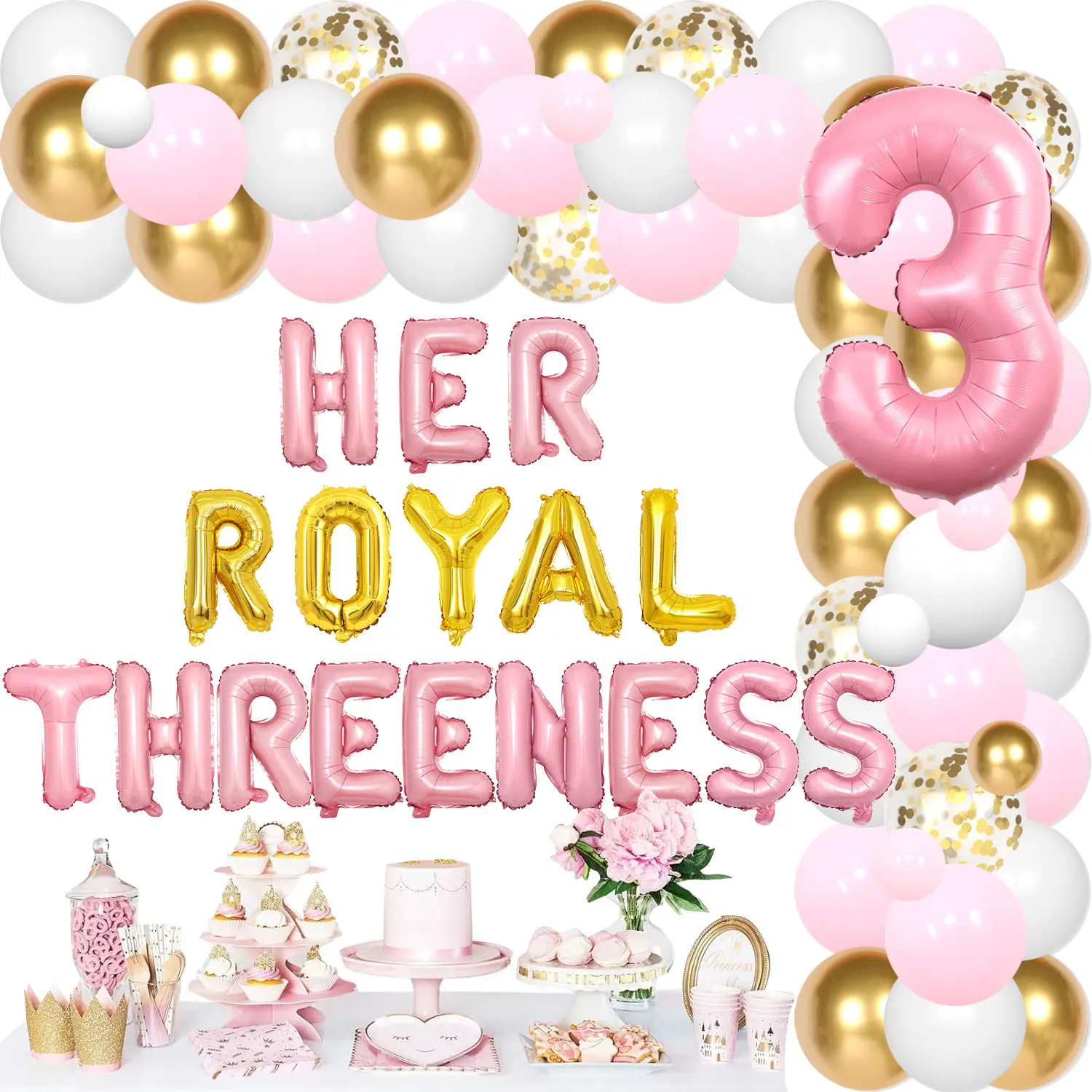 

Her Royal Threeness Birthday Decorations for Girls Princess Themed Pink Gold Balloon Kit Banner Crown Number Girls Party Supplie