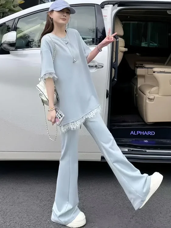 Summer Slimming Effect T-Shirt And High Waist Flared Pants Two-Piece Set Casual Lazy Style Mid-Length Top Polyester Fiber