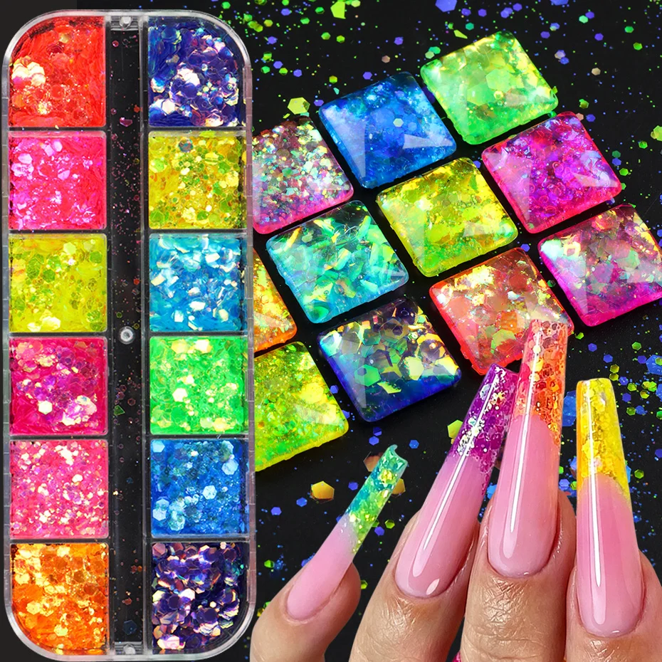 12er-Set Neon-Chamäleon-Nagelkunst-Pailletten, Regenbogen-Hexagon-Glitzerflocken, Nagel-Charms, Dekorationen, Nagelzubehör