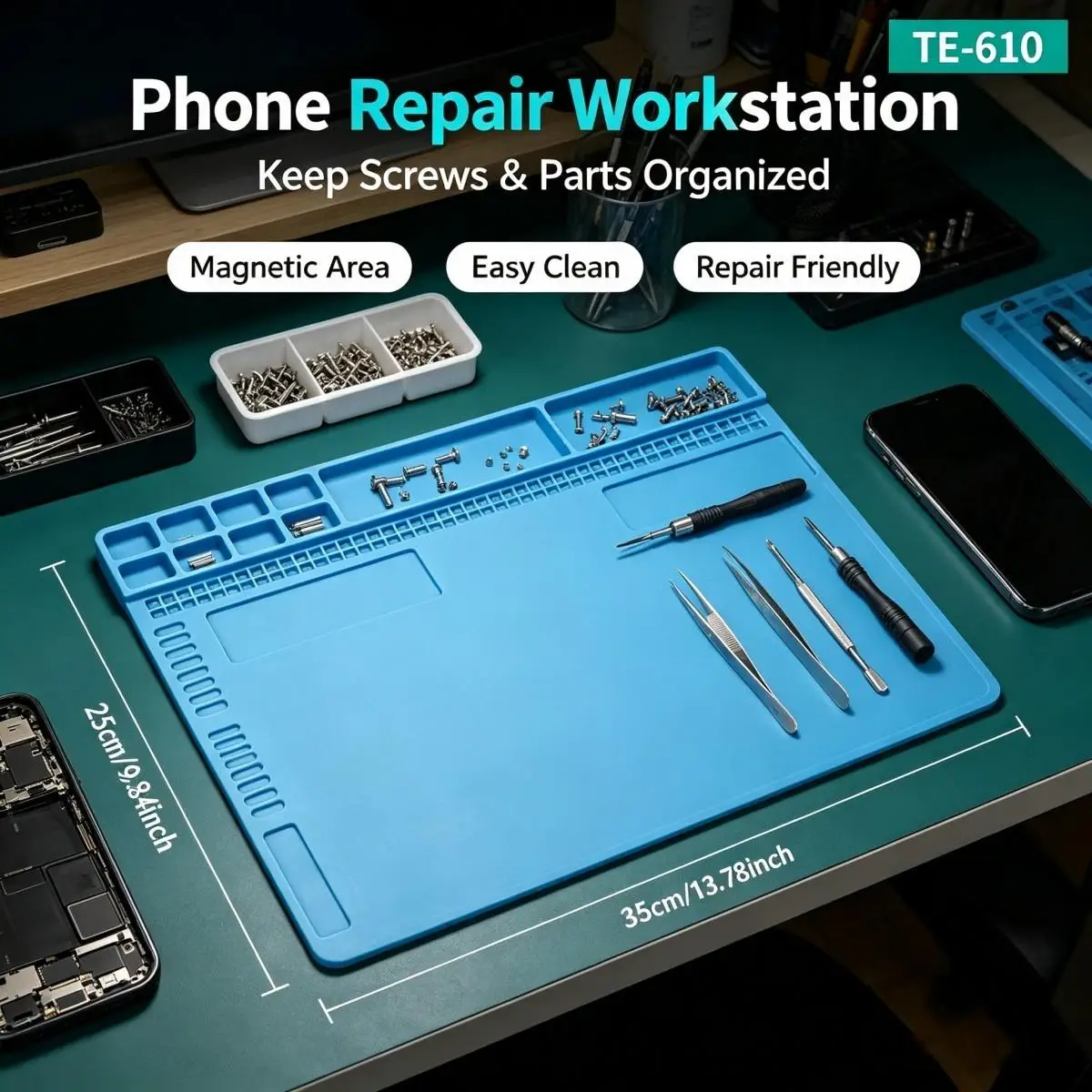 TE‑610 ESD Silicone Work Mat, Heat‑Proof Insulation Repair Pad with Screw Storage Slots for Phone Laptop Soldering Maintenance