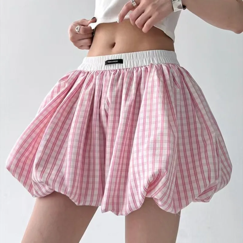 Lindas culottes a cuadros esponjosos con brotes para mujer, novedad de verano 2021, falda corta holgada de cintura alta en forma de A