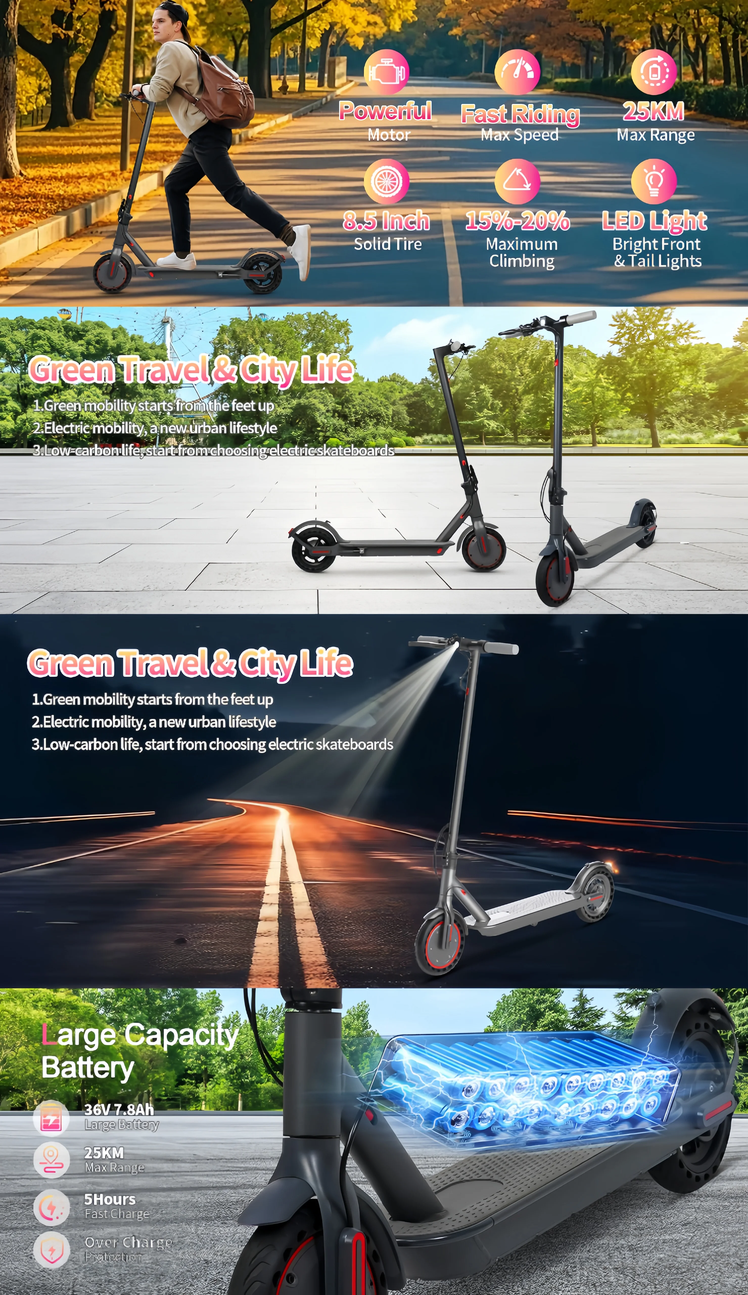 AOVOPRO Y1PLUS Elektroroller Leistungsstarker Motor 36V 10,5AH Großkapazitätsbatterie 35KM Reichweite 8,5-Zoll-Reifen mit Smart-App Kick City Commuter E-Scooter – Detail 8