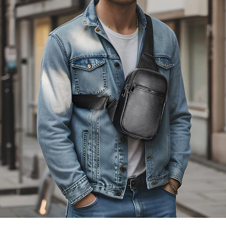 Male Chest Bags Genuine Leather Crossbody Bag Men Sling Chest Pack for Men Chest Bag Leather casual men one shoulder bag Black