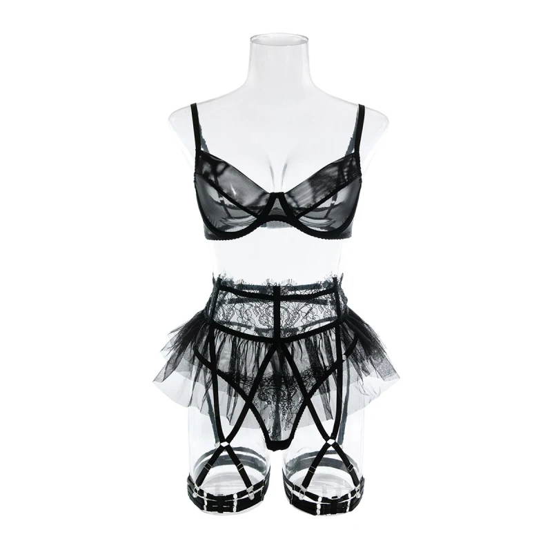 

Bikini sexy tutu skirt with waist cinching, garter belt, and sheer lingerie four-piece set
