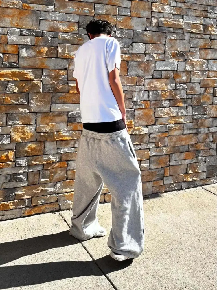 Celana kaki lebar berpinggang ganda untuk pasangan, celana kasual serbaguna gaya hip-hop Amerika yang longgar