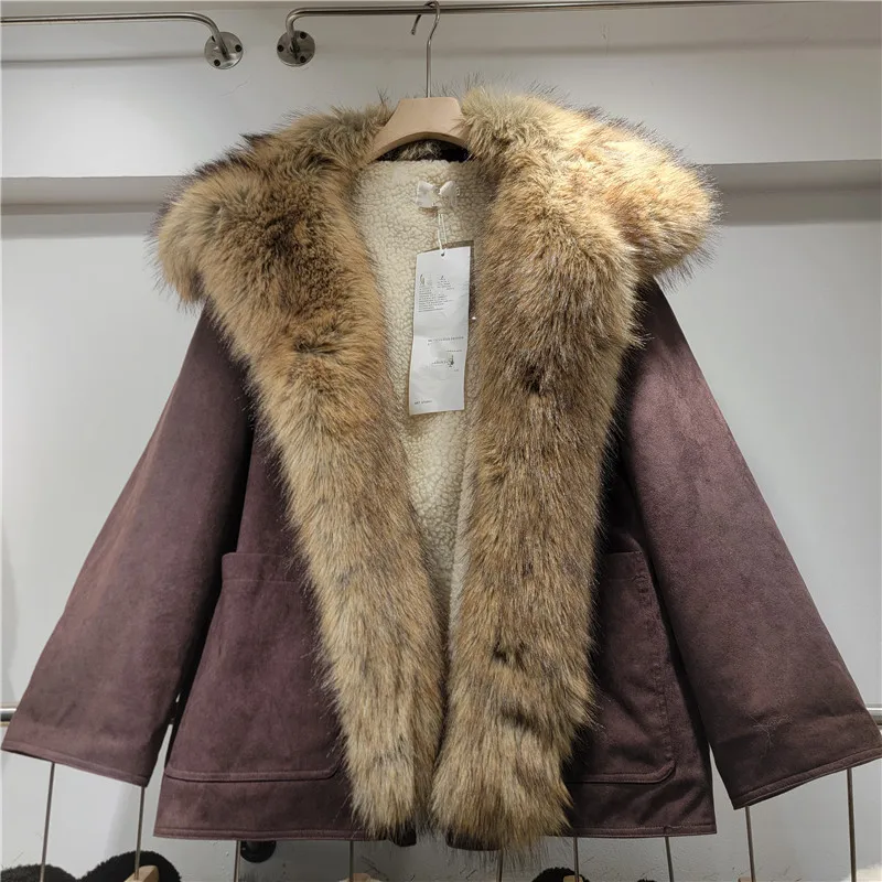 معطف قطني من جلد الغزال البني الأمريكي للنساء لخريف وشتاء معاطف جديدة من الفرو الصناعي بياقة متكاملة أنيقة ودافئة وسميكة