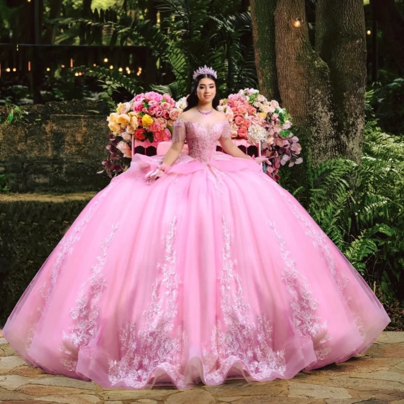 

Pink Quinceanera Dress off-shoulder Sequins Crystal 3D Flower Layering Decal Long tail vestidos de 15 Quinceanera ﻿Customize