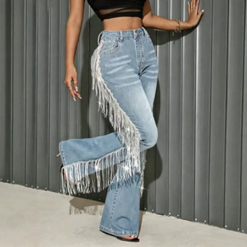 Women's High Waist Fringed Splicing Light Blue Washed Elastic Denim Jeans Trousers
