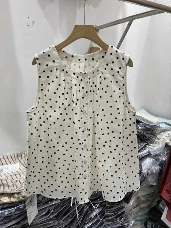 

Summer Cotton Linen Svel round Ne Polka Dot Women's Loose Fit Casual Versatile irt New 2025 Sle Ele Top