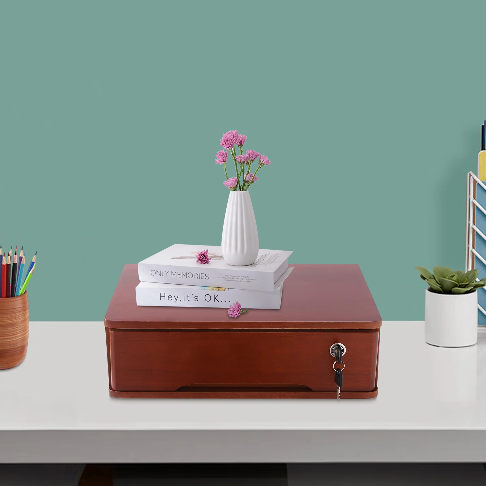 

Деревянный 15,75x11,02x4,72 дюйма, однослойный шкаф для хранения с замком, настольный ящик для хранения, ящик для офиса, ящик для хранения