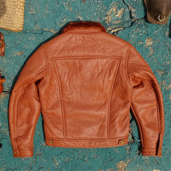Tailor Brando Authentic Shearling American Retro Western Style Thickened Winter Warm Genuine Leather Denim Jacket