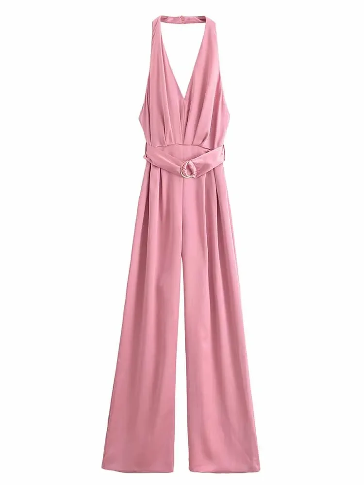 

Women's 2024 New Fashion With Belt Casual Satin Texture Hanging Neck jumpsuit Retro Sleeveless backless Women's jumpsuit Mujer