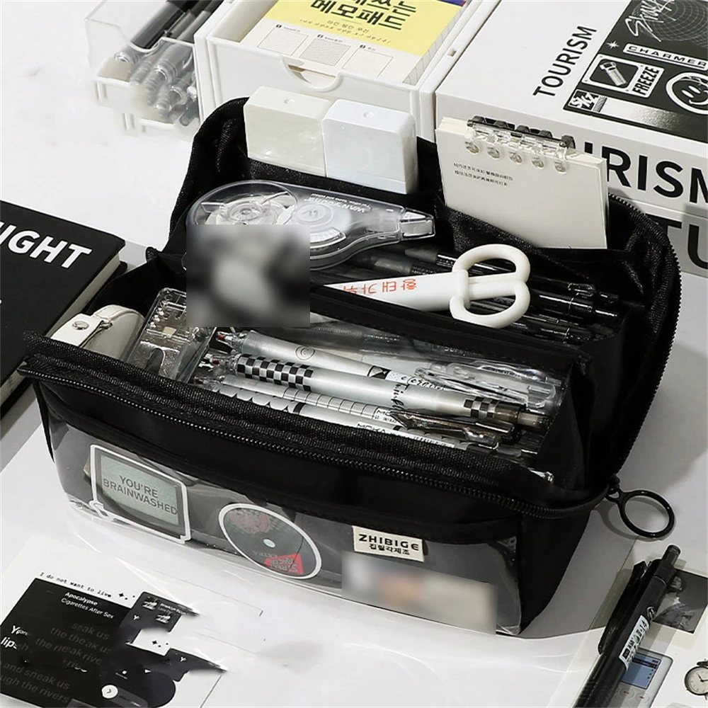 مقلمة ذات سعة عالية على الطراز الياباني بتصميم شفاف حقيبة تخزين أدوات مكتبية متينة ومقلمة بسيطة ضرورية