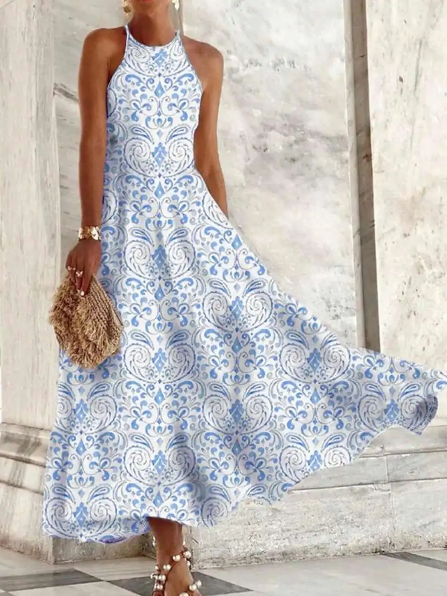 

Elegant Sleeveless Halter Neck Patterned Maxi Dress For Women Summer Casual Holiday Beach Wear
