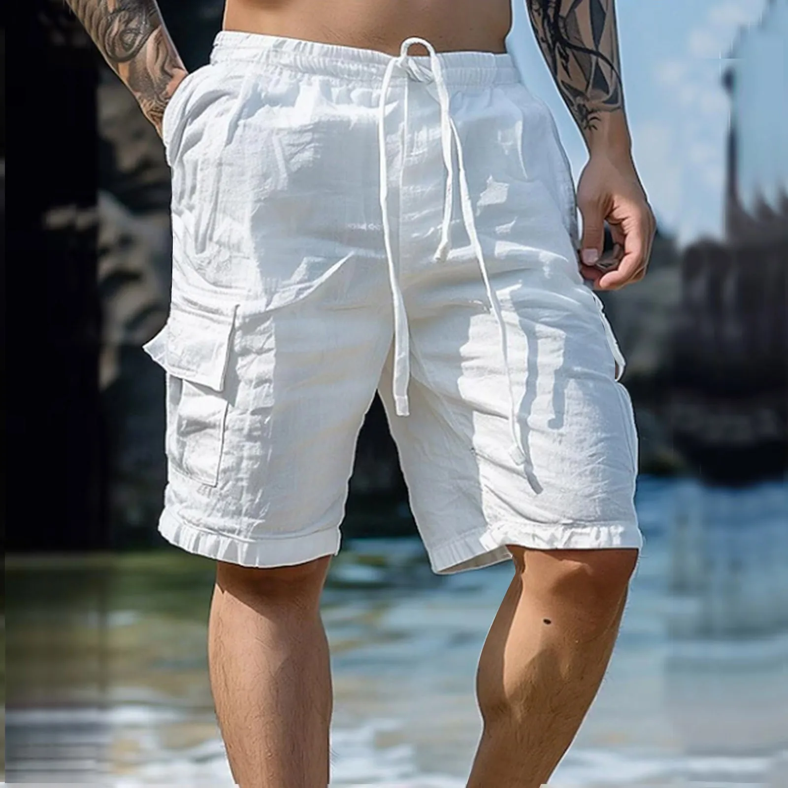 Summer Fashion Loose White Cargo Shorts Men's Handsome Streetwear Beachwear Solid Color With Pockets Shorts Workout Pants 2024