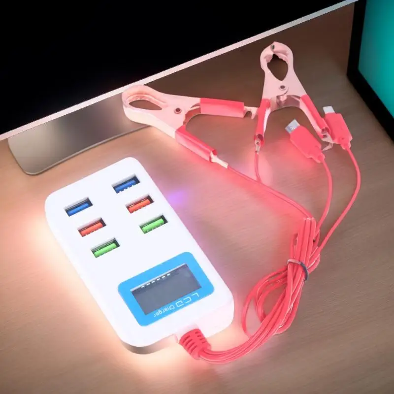 Universal 6USB LCD Clip Charger, 12-24V Multifunctional ClaWithmp for Quick Mobile Phone Charging DIY