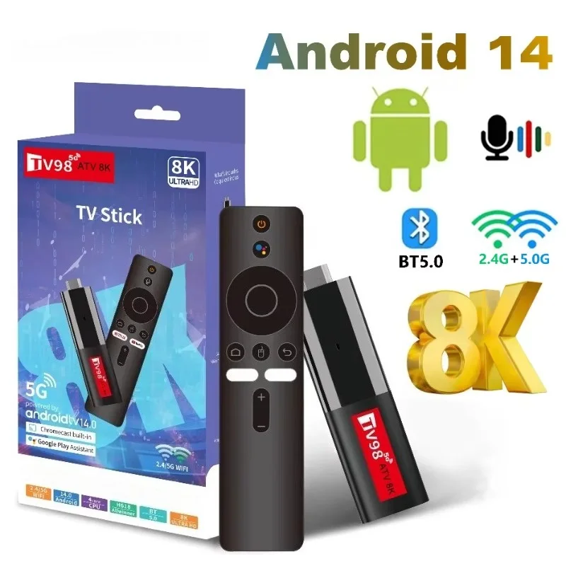 TV98 ATV สมาร์ททีวีสติ๊ก Android 14 Allwinner H618 กล่องทีวี 2GB 16GB รองรับ OTA 8K เครื่องเล่นมีเดีย Wifi6 HDR10 รีโมทสั่งงานด้วยเสียงกล่องทีวี