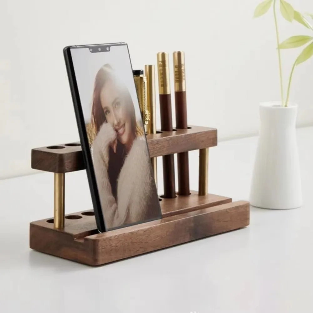 Multifunction Walnut Wood Pen Holder 9 Slots Sleek Phone Stand Desk Organizer For Office School