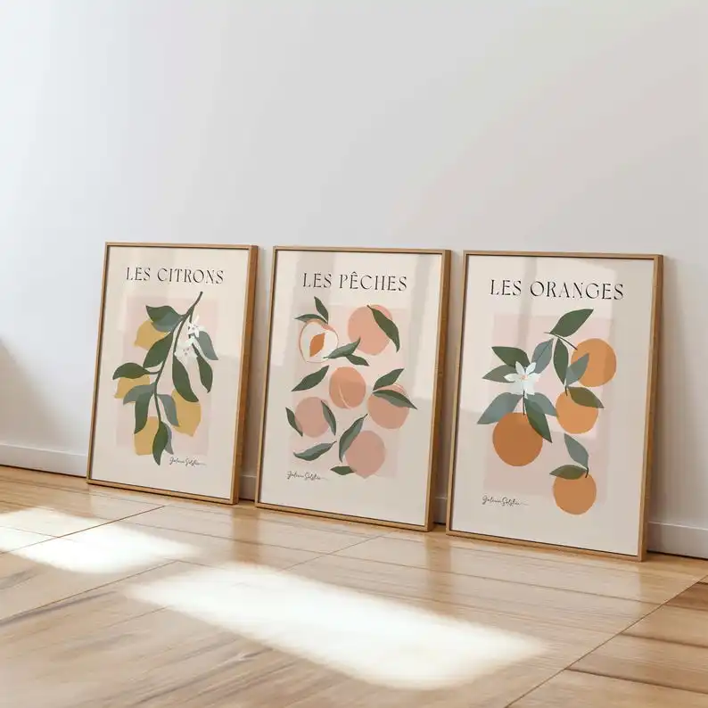 3pcs French Country Lemons Print Oranges Poster Peaches Canvas Wall Art Frameless Botanical Canvas Prints for Kitchen Decor Gift
