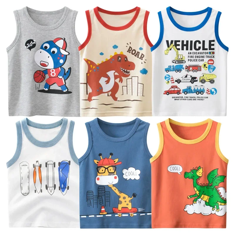 2024 Brand New Children's Clothing Summer Vest for Boy Cartoon Dinosaur Car Print Cotton Tops Fashion Boys T Shirt Dropshipping