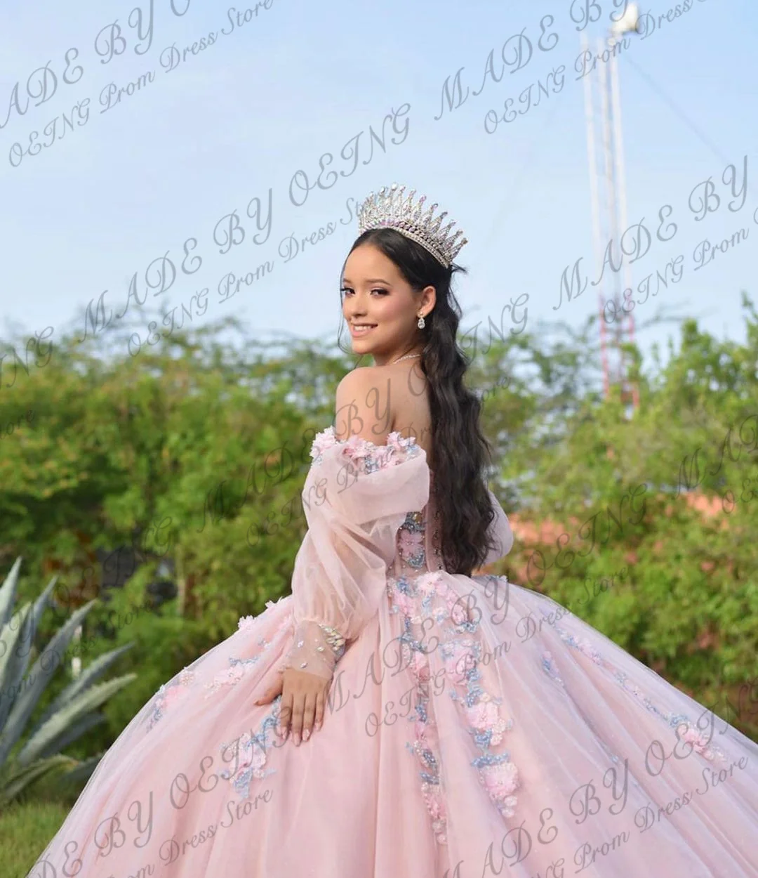 OEING-Baby Pink Quinceanera Vestidos, Fora Do Ombro, Apliques Vestido De Baile, Espartilho De Flores Artesanais, Doce 15 Birthday Party Wear