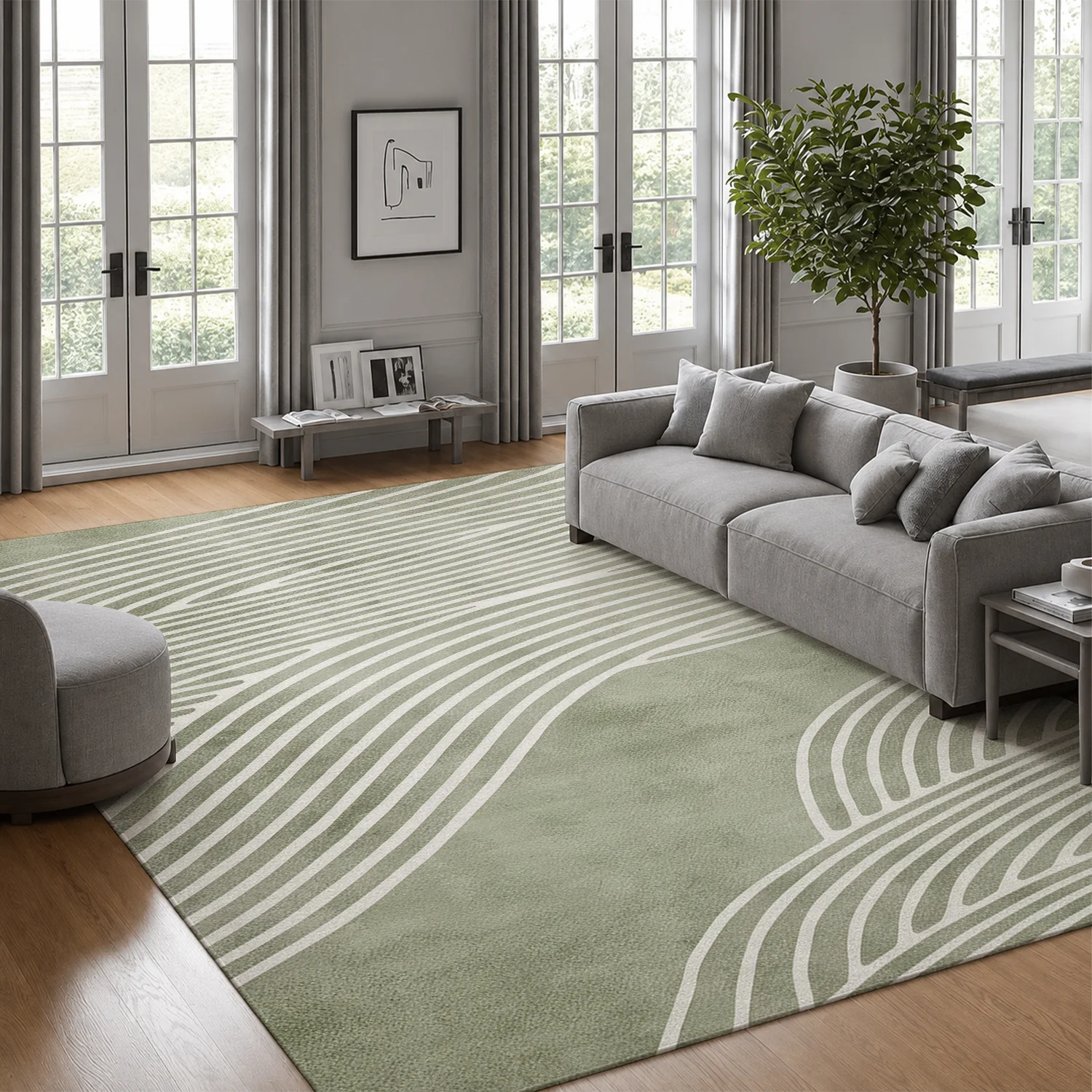 Large Indoor Area Rug, Soft Velvet Low Pile Non-Slip Dotted Backing Machine Washable Sage Green Abstract Wavy Lines Rug for Living Room Bedroom