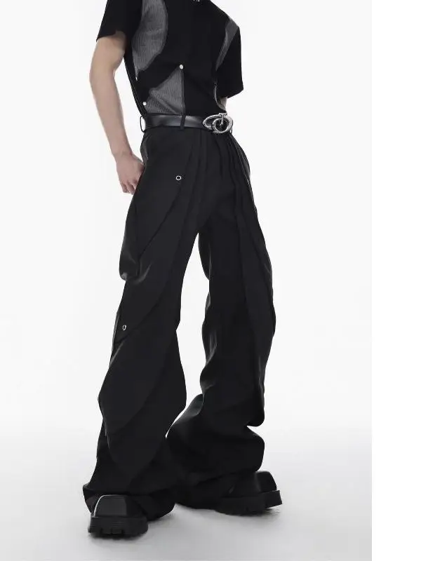 

American High Street Handmade Decosed Micro Flared Men's Casual Pants Bla High Waist Long Trousers Straight Leg Workwear