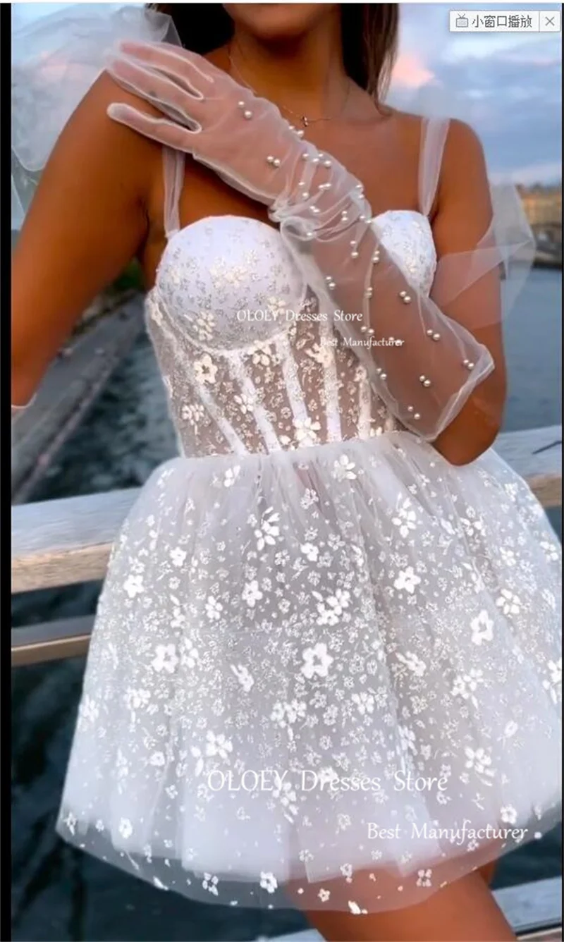 OLOEY Princess Mini Short Wedding Dresses Straps Adjustble Sweetheart Bride Dress 3D Flowers With Gloves Robe de mariage