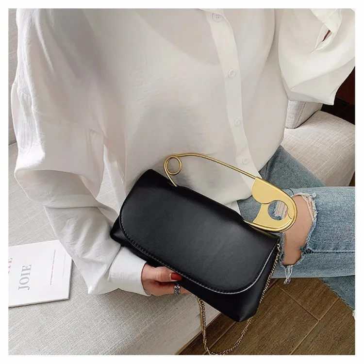 Bolso de hombro pequeño con Pin portátil para mujer, bandolera de PU con cadena Ins, a la moda