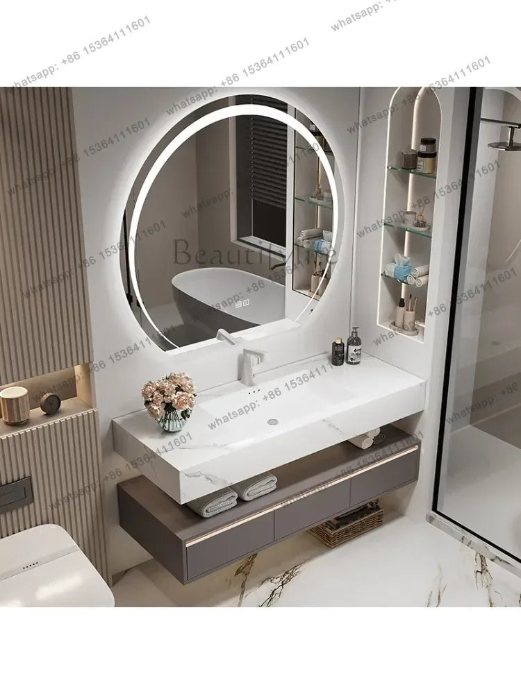Light luxury hotel wind rock slab seamless ceramic integrated basin bathroom cabinet combination washstand