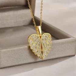 Stylish Copper Micro-inlaid Zircon Heart Angel Wing Necklace with Feather Wings
