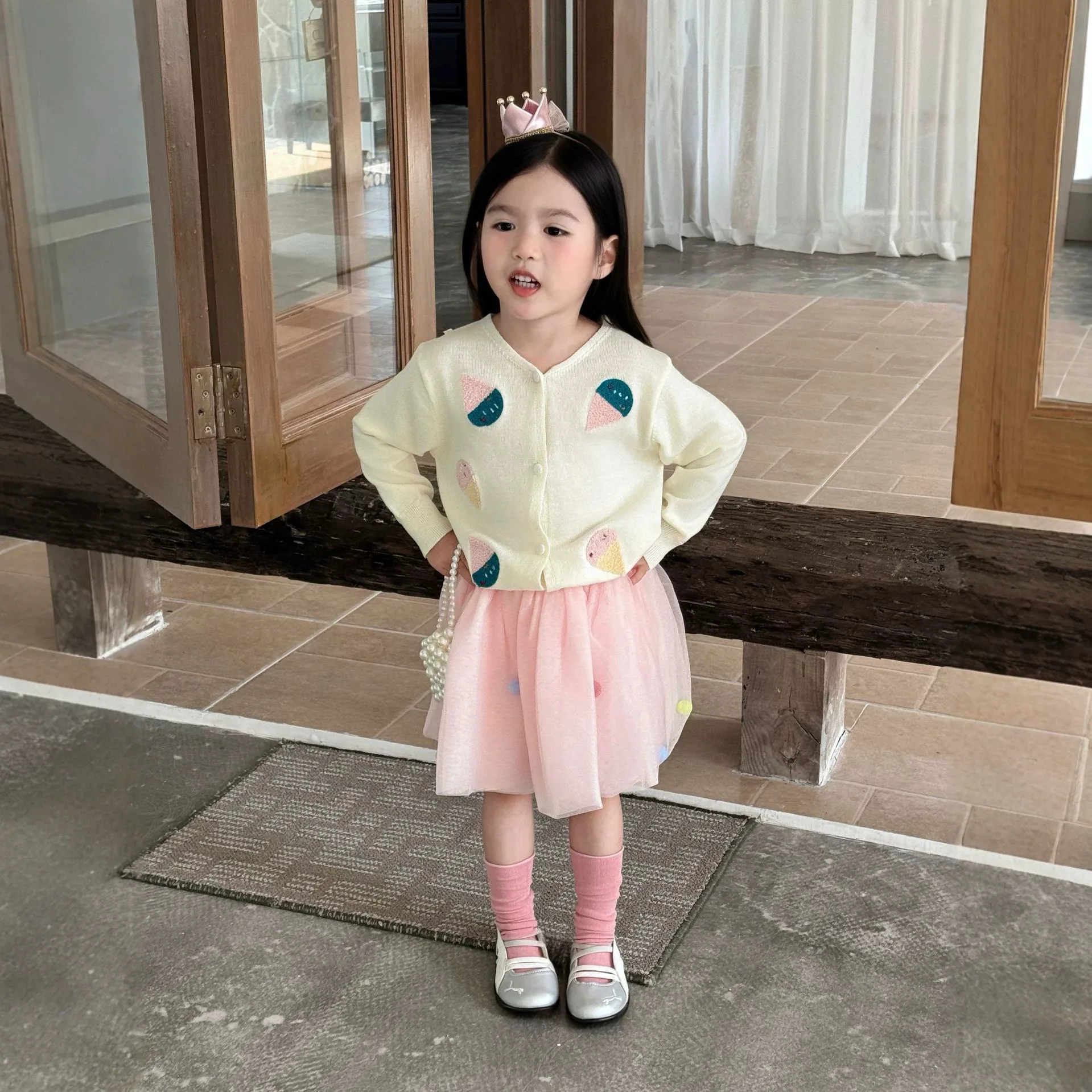 Girl's Spring and Autumn New Cute Ice Cream Milk White Knitted Cardigan Pink Hairball Mesh Puffy Flower Bud Skirt