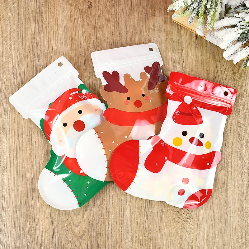 5pcs Christmas Socks Shape Candy Bags Santa Claus Snowmam Elk Ziplock Packaging Bags Christmas New Year Navidad Xmas Party Decor