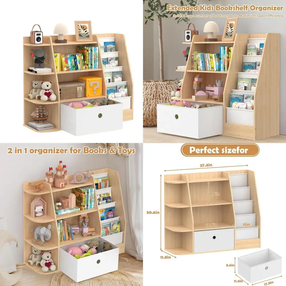 

4-Tier Wooden Kids Bookshelf with Storage Drawers for Nursery, Playroom, and Bedroom in Burlywood Finish