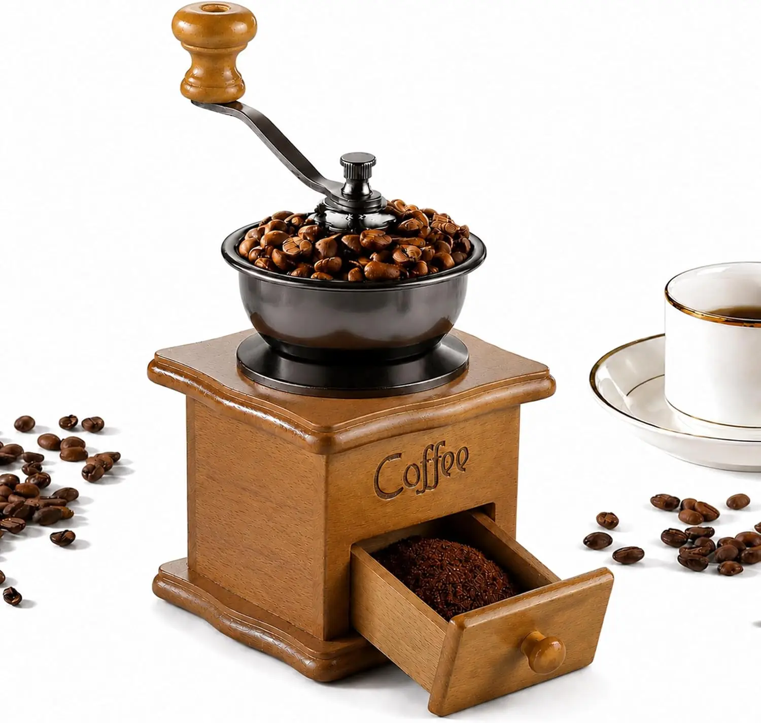 Manuelle Kaffeebohnenmühle aus Edelstahl mit Holzgriff im Retro-Stil, Keramikmahlwerk, Gewürzmühle, Mini-Kaffeemühle