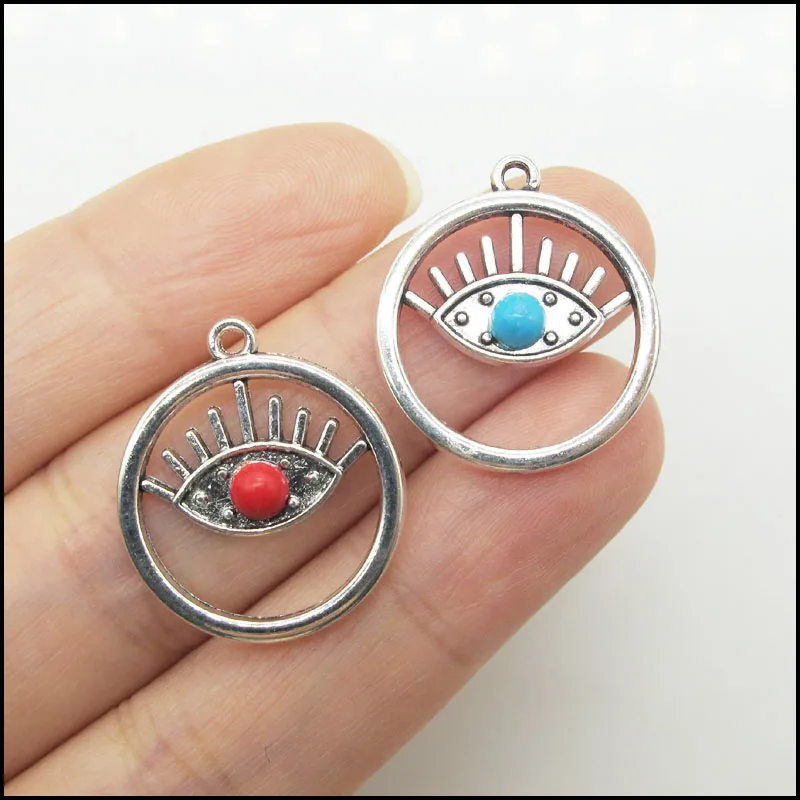 10Pcs Retro Tibetan Silver Plated Circle Frame Eye Round Blue&Red Stone Charms Pendants 21x24mm