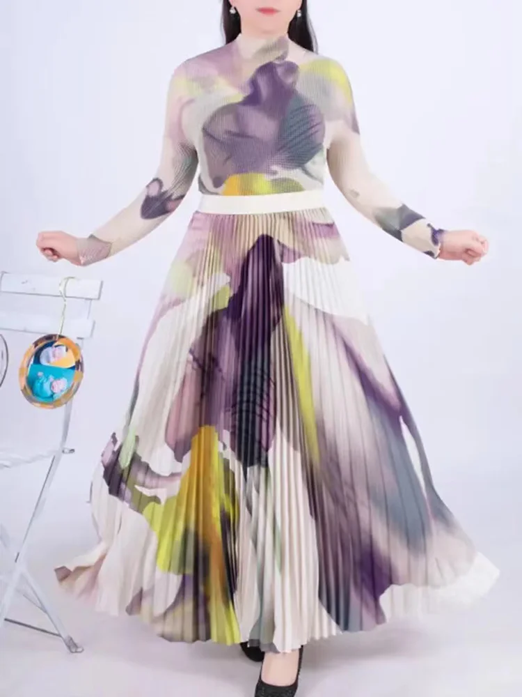 

Miyake Pleated Suit Women's 2023 Spring Summer New Fashion Printing All-match Large Free Size Slim Top&Skirt 2 Pcs Set