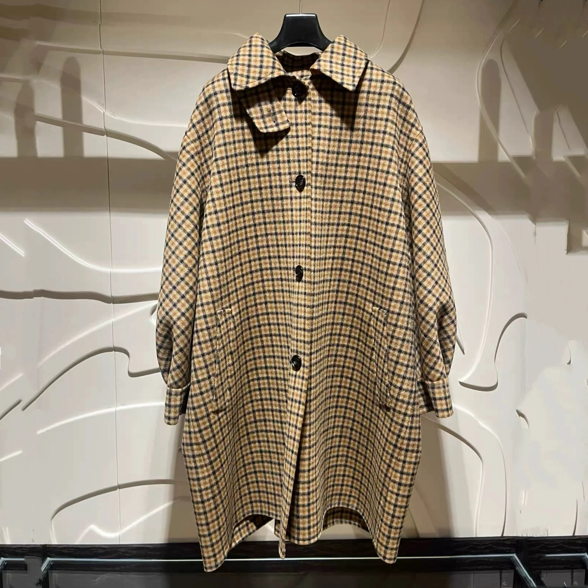 معطف كبير الحجم من الصوف مخيط يدويًا من الجبن الليموني LAN25 للخريف بتصميم عتيق منقوش وياقة مقلوبة ملابس خارجية متعددة الاستخدامات طويلة Sve #4