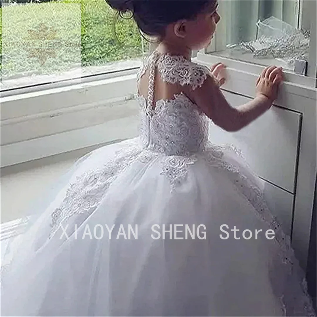 

Sleeveless Ball Gown Princess Flower Girls Dresses Appliques with Beaded Stunning Cute Girls First Communion Dress White