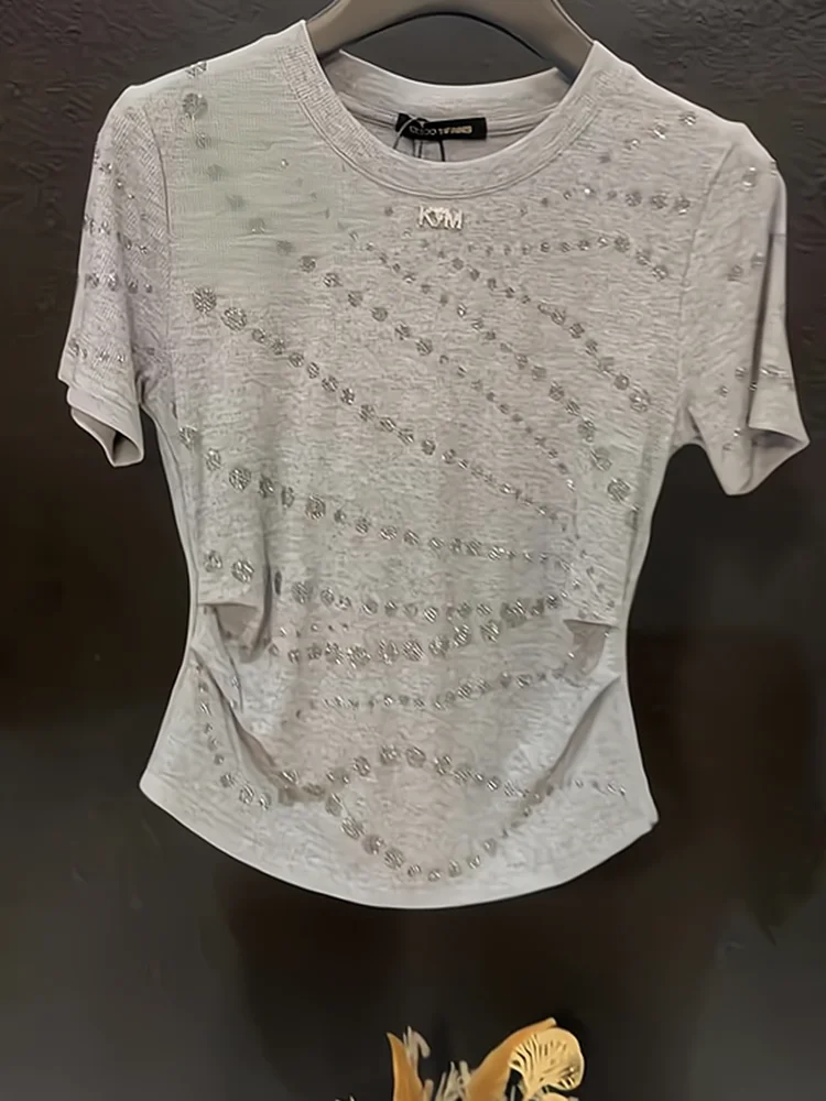 

Женская летняя футболка Slim Fit с коротким рукавом, новинка, серебристая, с бриллиантовым узором, повседневный топ, модный, укороченный фасон