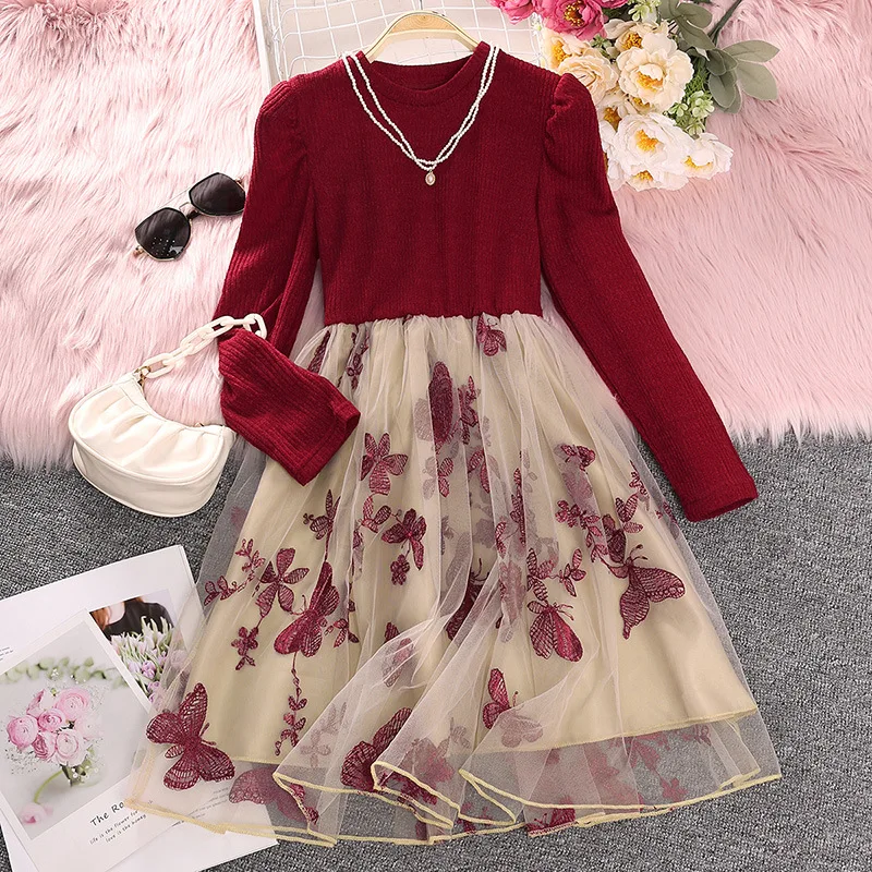 Casual Kids Dress for Girls Spring Autumn New Child Red Long Sleeve Floarl Embroidery Mesh Princess A-line Dress Clothing 7-14Y