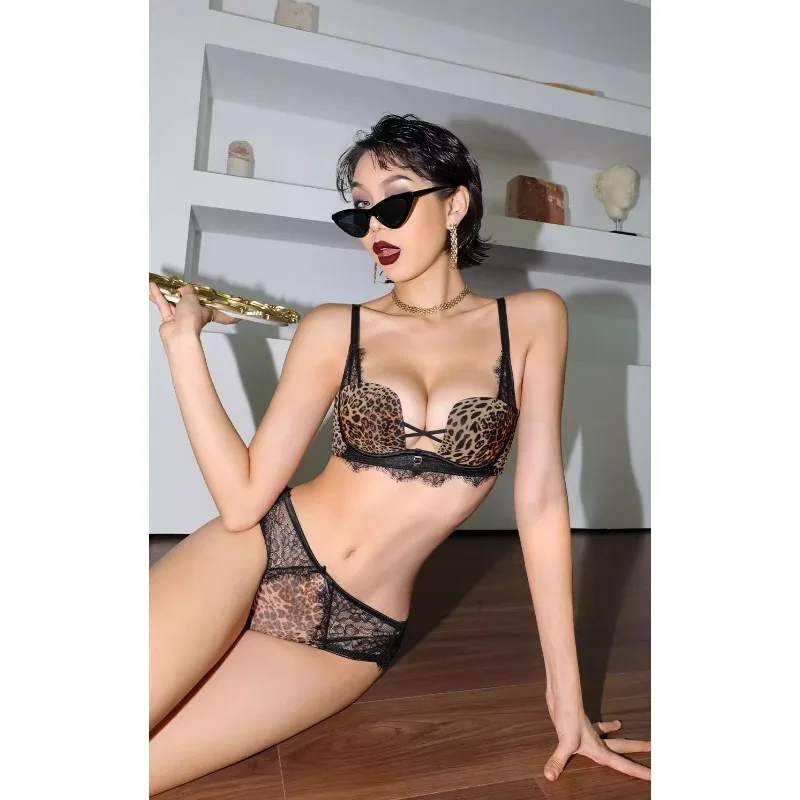 Leopard Print Underwear Women's Small Breasts Gather Bras,bras Show Large Anti-sagging, Sexy and Beautiful French Pure Lace Suit