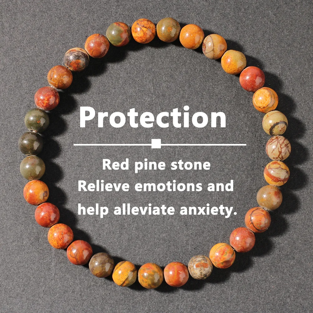 6MM Rotes Kiefernstein-Perlenarmband für Frauen, Naturstein Elastische Kette Armreif, Herren Armband, Modisches Party-Schmuckgeschenk