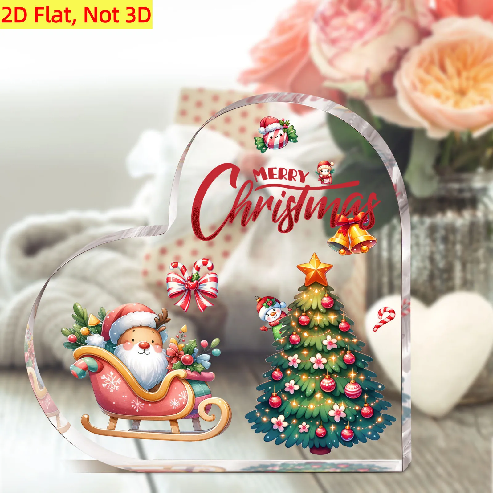 Merry Christmas Reindeer Sleigh Tree Heart‑Shaped Acrylic Plaque, Holiday Tabletop Decor