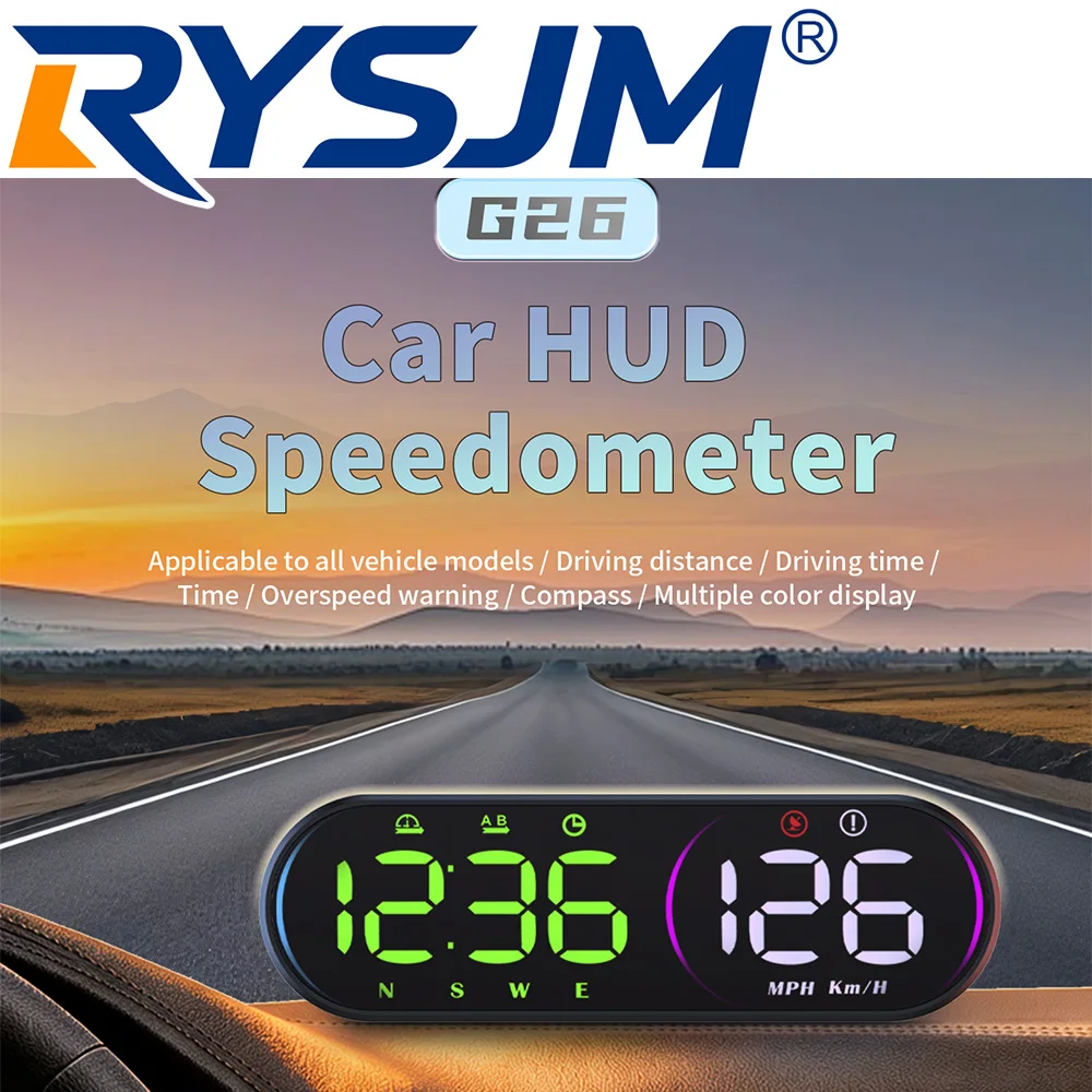 G26 Auto HUD Digitales Head-Up-Display Auto GPS Tachometer Zeit Fahrstrecke Kompass Geschwindigkeitswarnung Farbdisplay