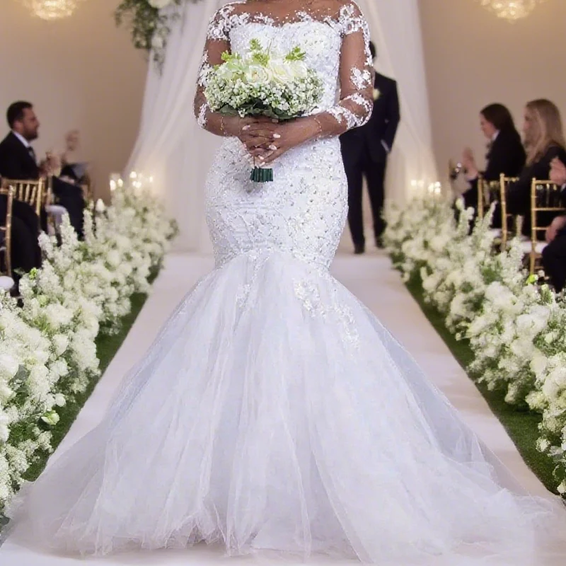 

Customized African Luxury Beading MermaidLong Sleeve Appliques Pearls Wedding Gowns Black Bride Vestido Wedding Dress