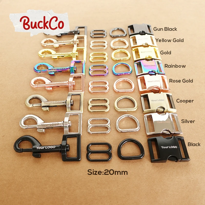 10set Engraved(metal buckle+adjust buckle+D ring+metal dog clasp)for backpack collar DIY accessory 8 Colours 15mm to 30mm 4 size