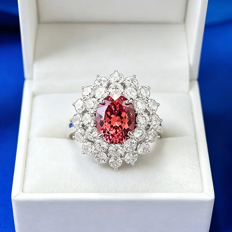 New Luxury white gold solid platinum PT950 Padparadscha 8*10mm oval ring for women heavy industry double layer luxury