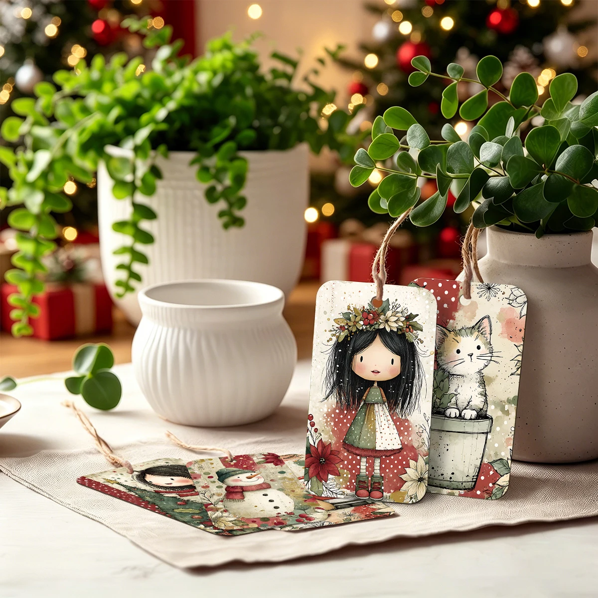 50 Stück Vintage Niedliche Weihnachtsgeschenkkarten mit Juteschnur, DIY Weihnachtsbaum-Anhänger, Etiketten für Zuhause, Büro, Zimmer, Party-Dekoration – Detail 4
